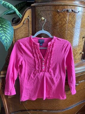 Chaps Hot Pink Ruffle Dot Henley